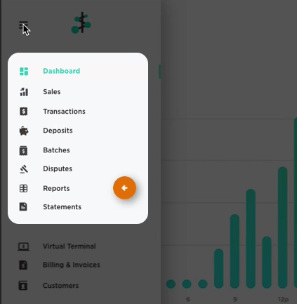 Ícono de menú en el lado izquierdo de la pantalla en Payments Hub