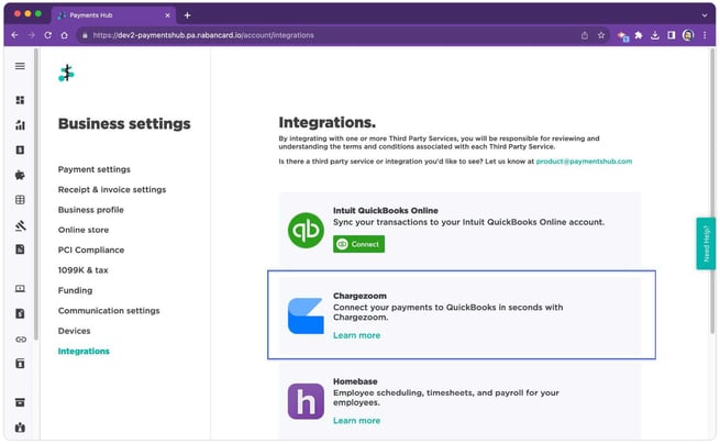 Accessing Chargezoom through Payments hub