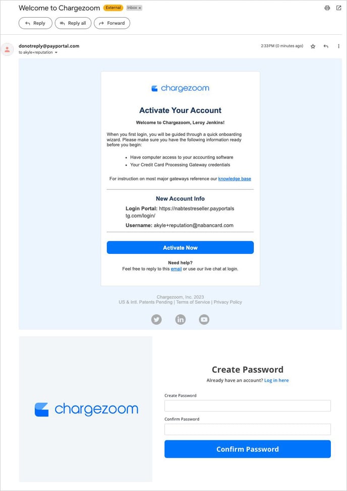 Activation confirmation email from Chargezoom